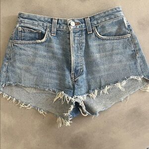 Reformation High Rise Blue Distressed Denim Raw Hem Shorts size 25